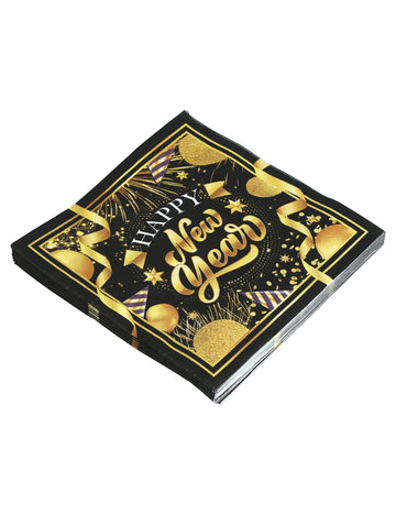 20 db Boldog Új Évet kívánó fekete és arany papírszalvéta, 33 x 33 cm