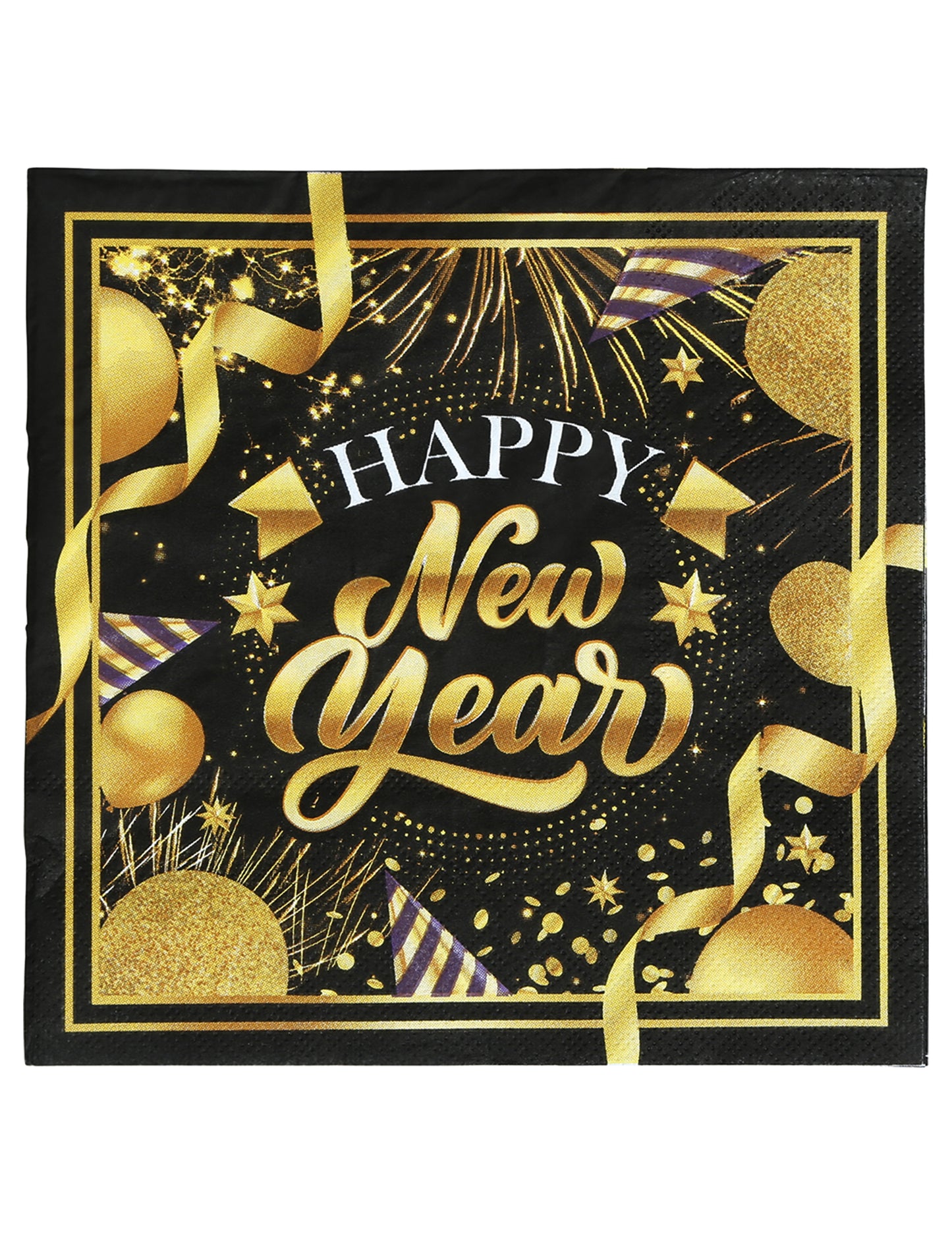 20 db Boldog Új Évet kívánó fekete és arany papírszalvéta, 33 x 33 cm