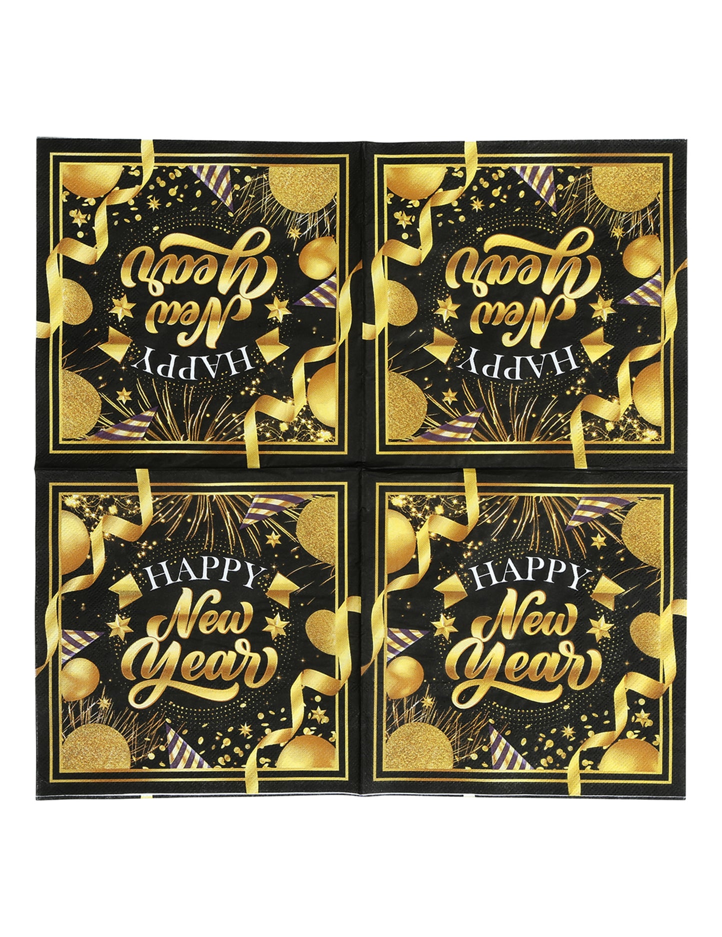 20 db Boldog Új Évet kívánó fekete és arany papírszalvéta, 33 x 33 cm