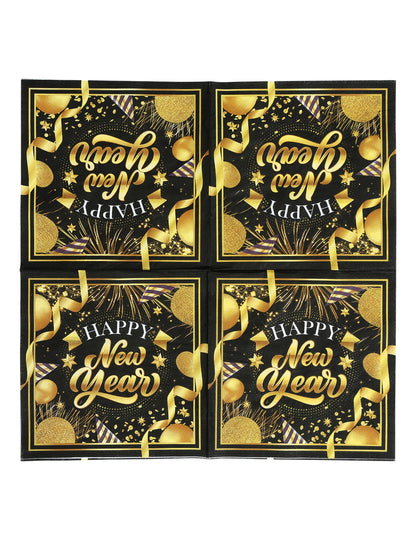 20 db Boldog Új Évet kívánó fekete és arany papírszalvéta, 33 x 33 cm