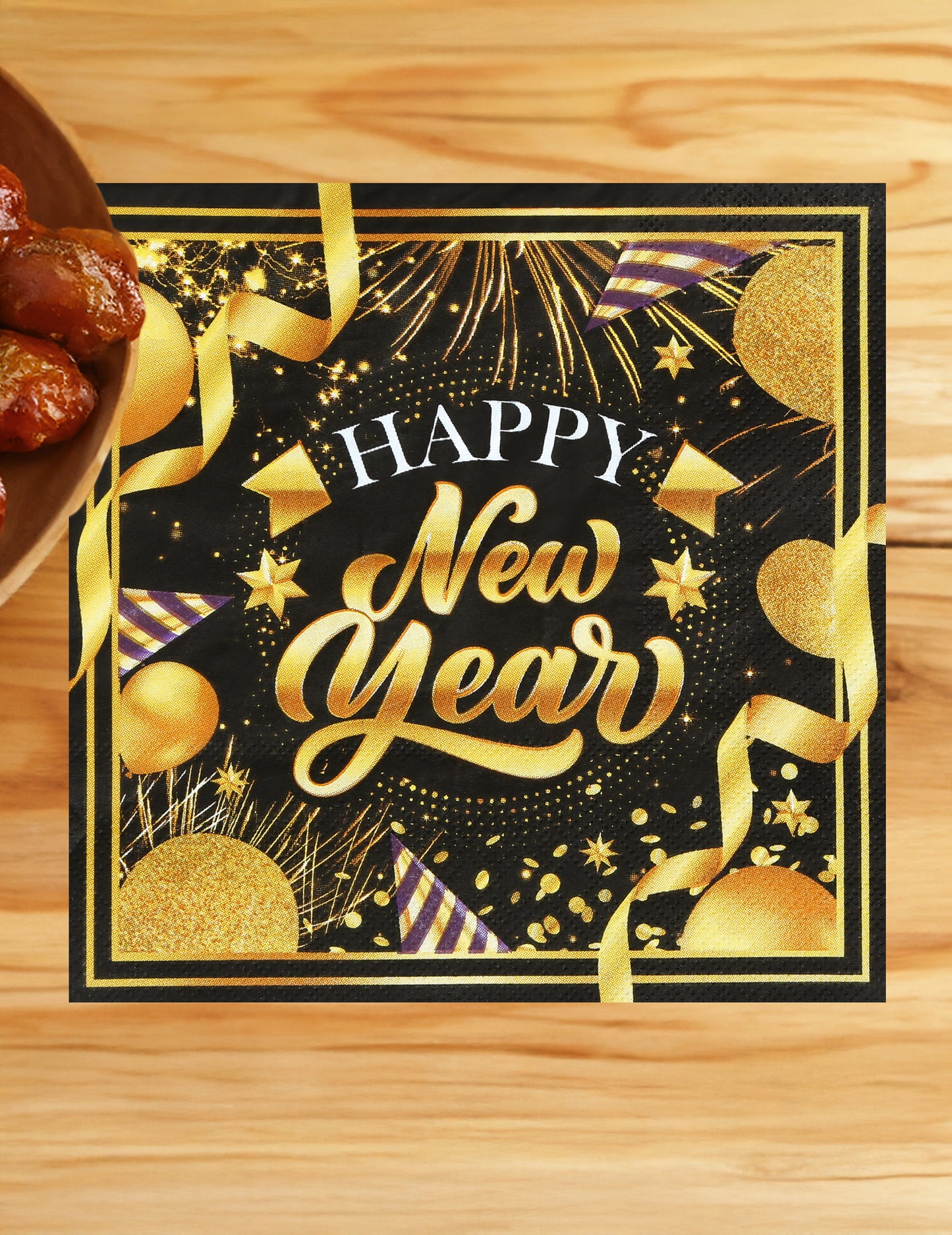 20 db Boldog Új Évet kívánó fekete és arany papírszalvéta, 33 x 33 cm