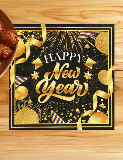 20 db Boldog Új Évet kívánó fekete és arany papírszalvéta, 33 x 33 cm