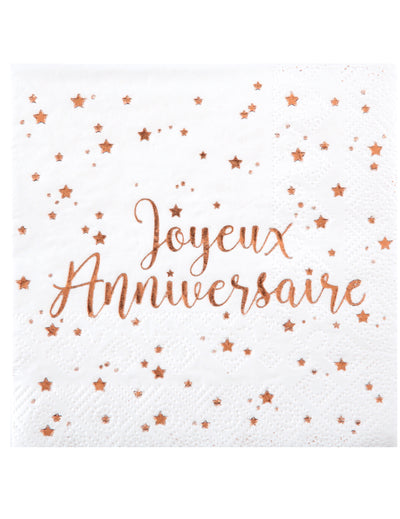 Serviettes en papier Joyeux Anniversaire pour fête rose gold à motifs étoiles roses