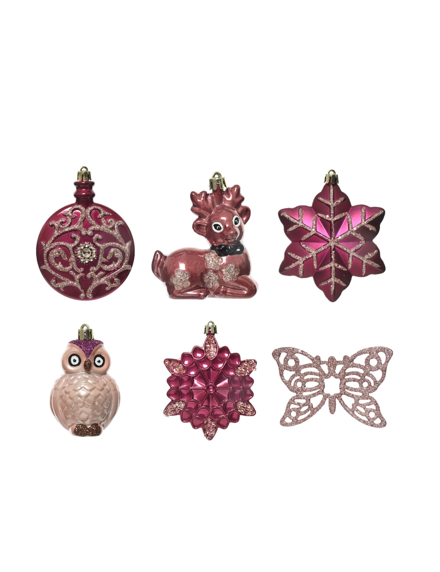 20 rózsaszín karácsonyfadísz csillámmal és pillangókkal 7 cm
