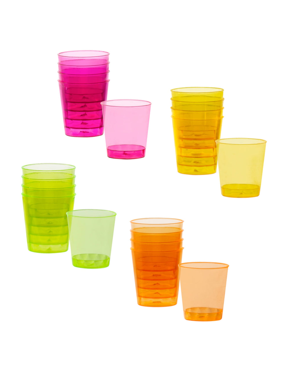 20 verres shots en plastique multicolores pour fête rose jaune vert et orange fluo