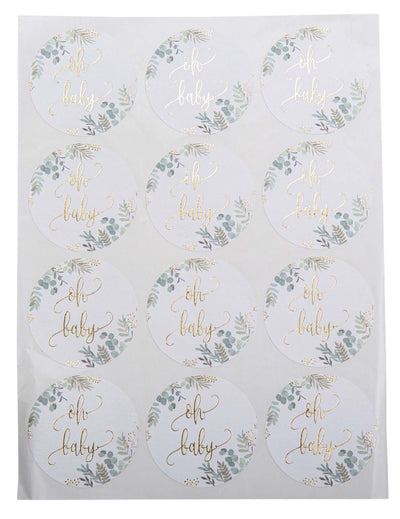 Stickers ronds Oh Baby végétal pour baby shower blanc et or avec motif feuillage