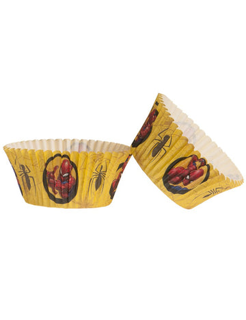 Pókemberes papír cupcake-formák gyerekeknek, sárga színben, pókos mintákkal