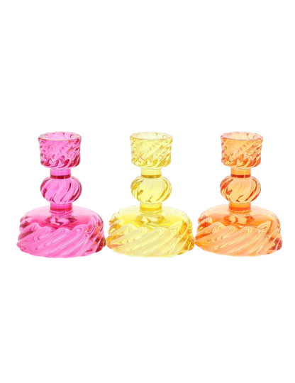 Bougeoirs à chandelles en verre rose jaune et orange torsadé