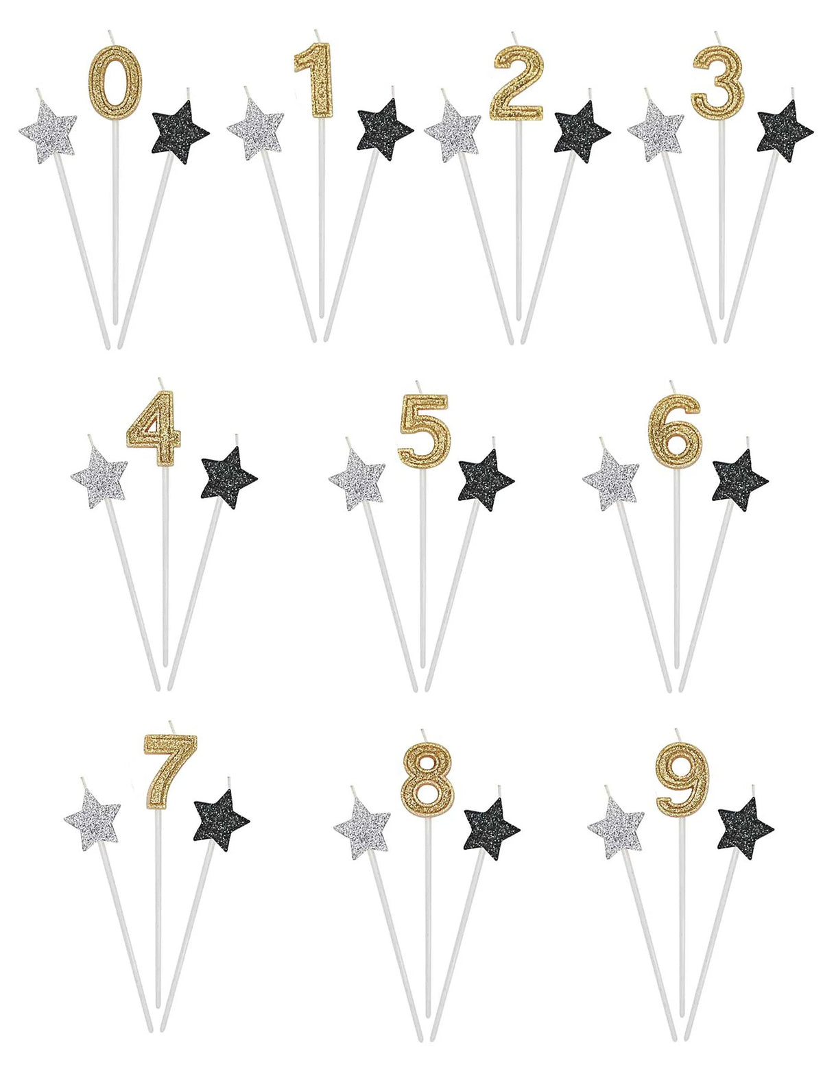 Bougies d'anniversaire chiffre pour gâteau dorées argentées et noires pailletées