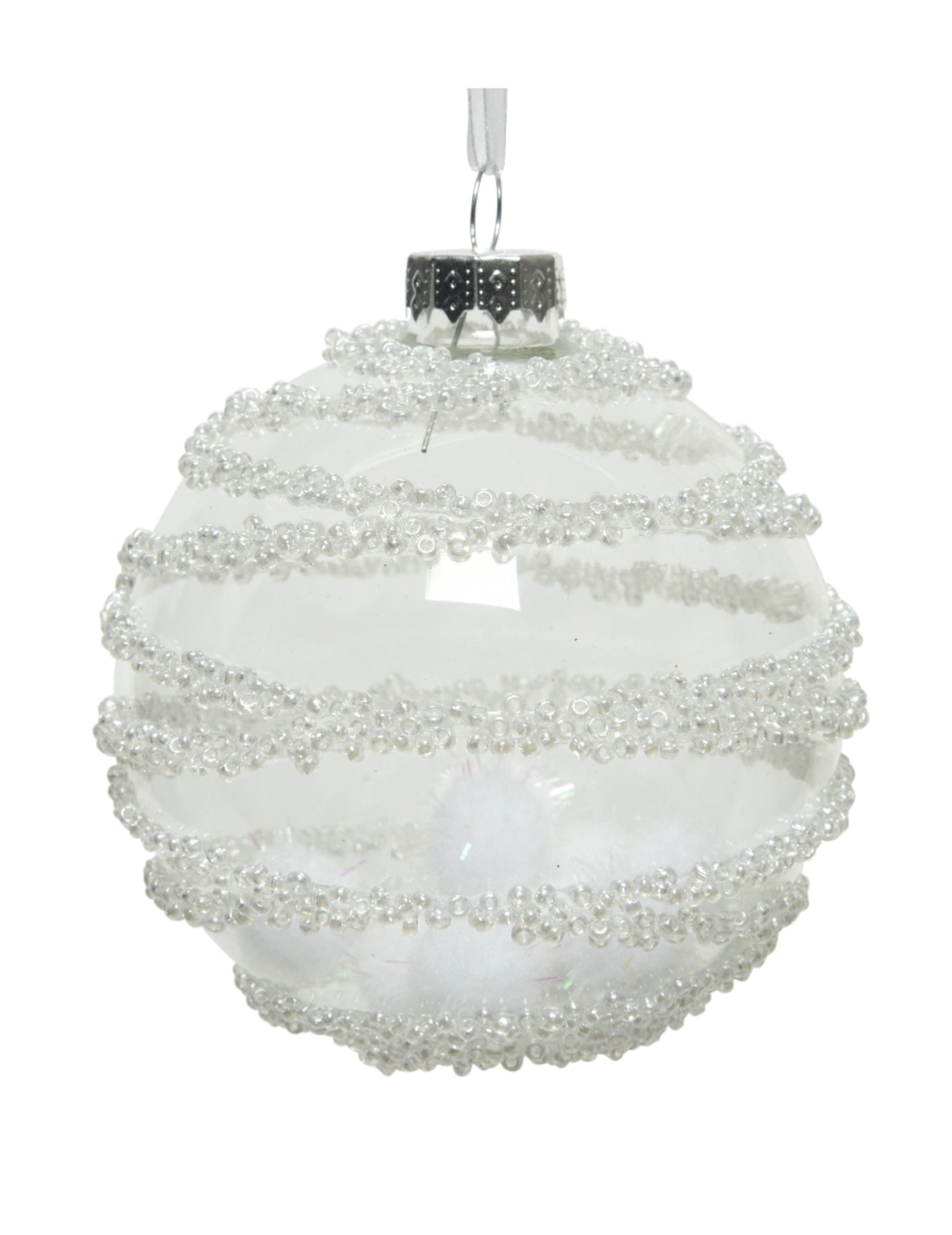 Boule en verre décor neige pour décoration de Noël transparente avec pompons blancs