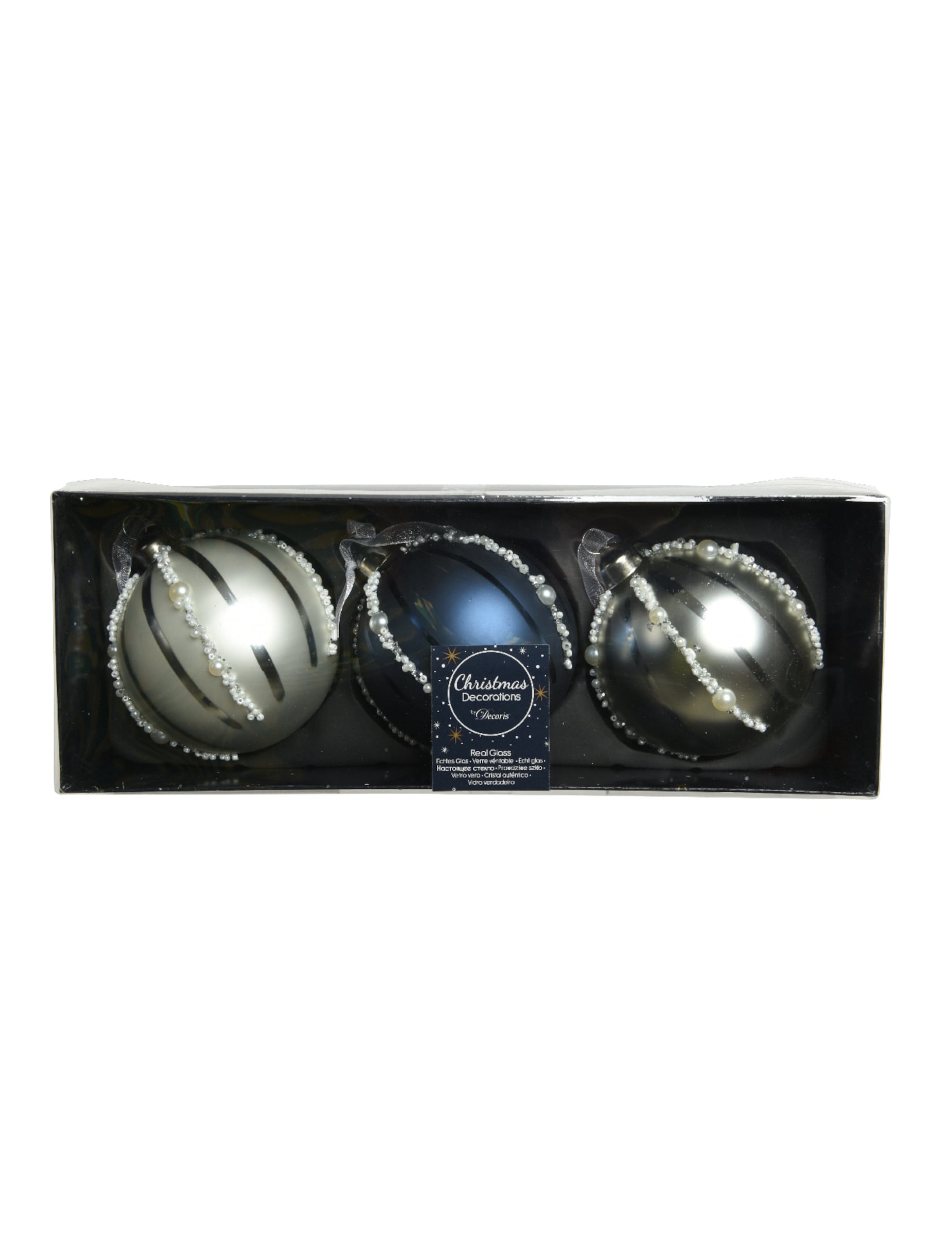 Boîte de présentation des boules de Noël en verre avec perles bleu marine et argent effet nacré
