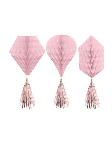 3 db rozéarany méhsejt papírból készült függő dekoráció, 30 db cm pomponokkal