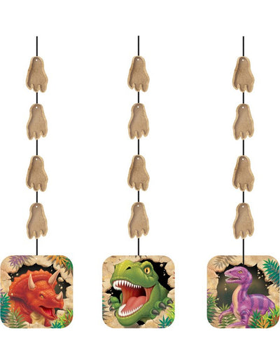 Décorations à suspendre anniversaire dinosaures pour enfant avec empreintes de pas et illustrations multicolores