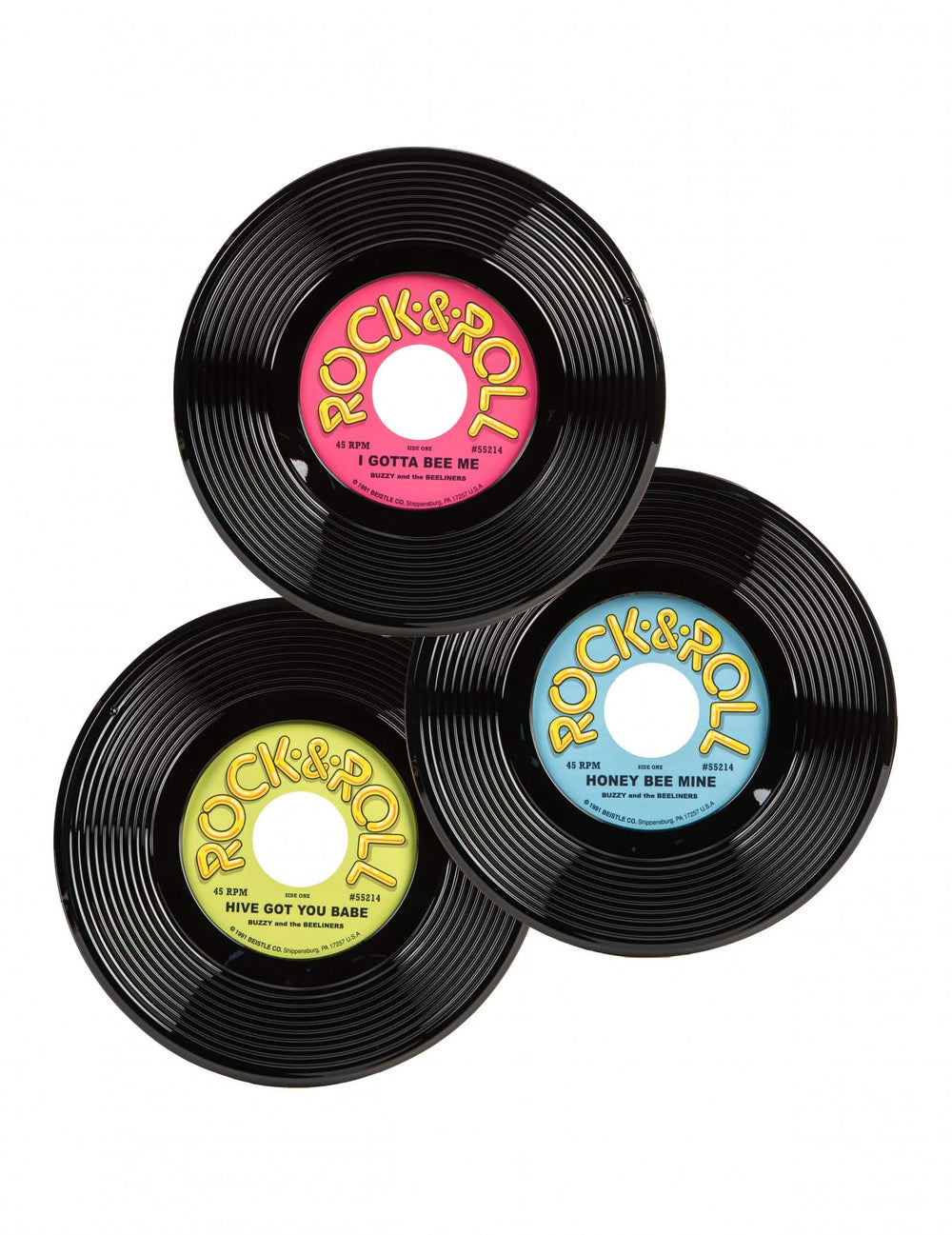 3 darab Rock & Roll vinyllemez dekoráció fekete rózsaszín sárga és kék ünnepre