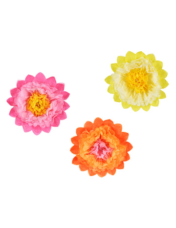 3 nagy óriás papírvirág rózsaszínben, sárga és narancssárgában 35 cm felakasztani