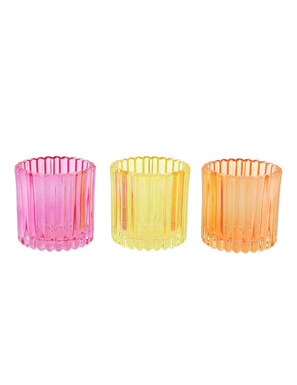 3 photophores en verre rose, orange et jaune