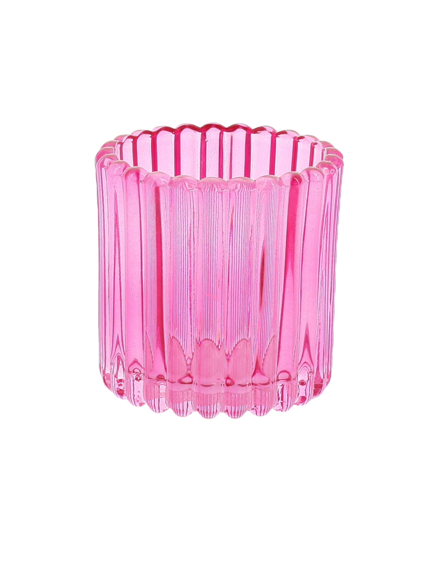 Vue du modèle rose du 3 photophores en verre rose, orange et jaune