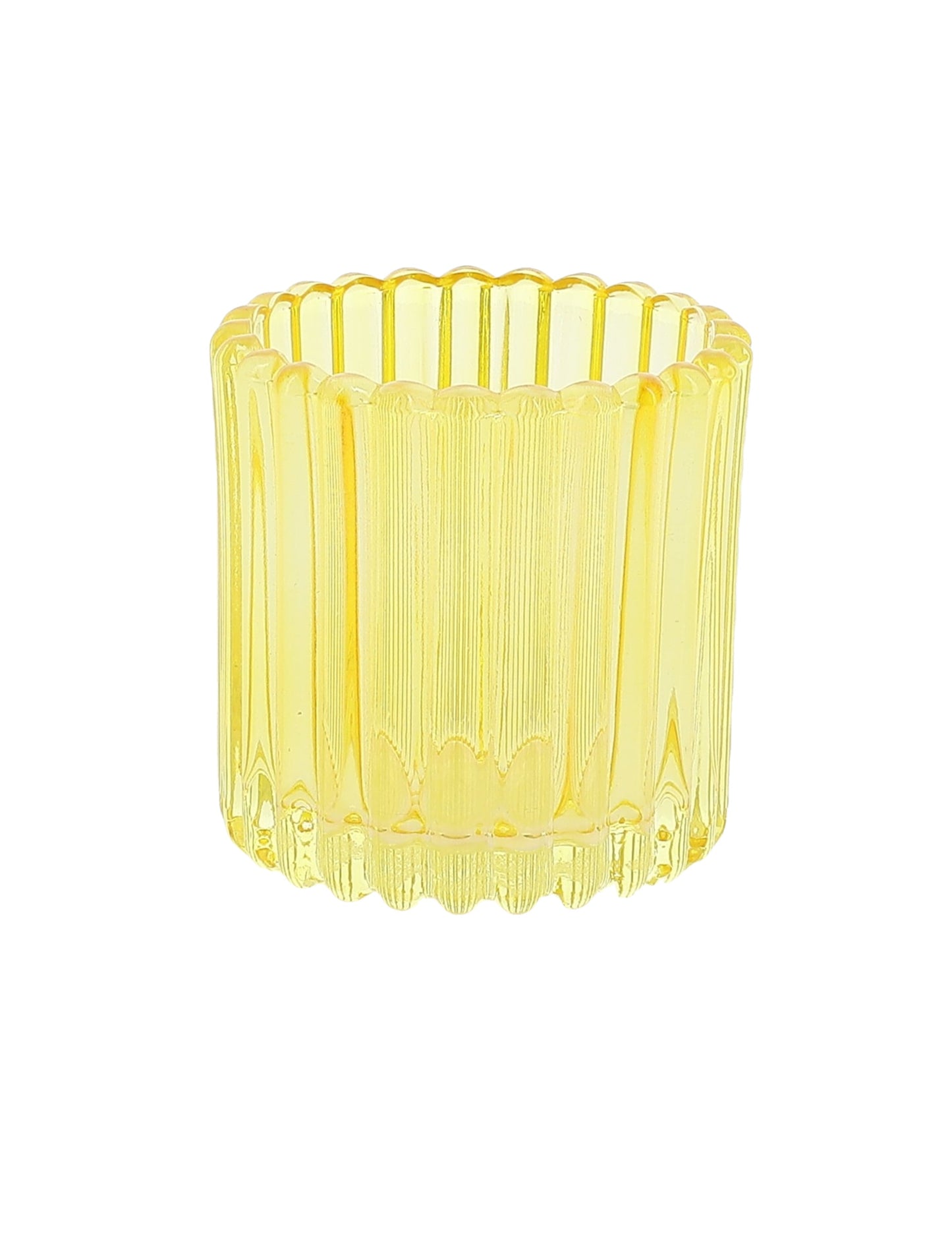 Vue du modèle jaune du 3 photophores en verre rose, orange et jaune