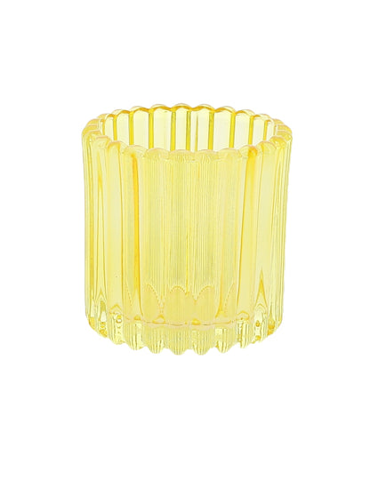 Vue du modèle jaune du 3 photophores en verre rose, orange et jaune
