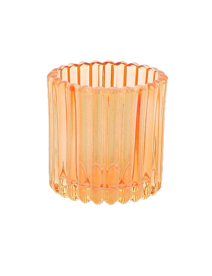 Vue du modèle orange du 3 photophores en verre rose, orange et jaune