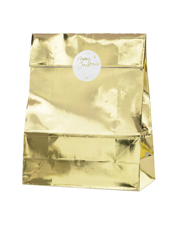 Aranyszínű karácsonyi ajándékzacskók Merry Christmas matricával