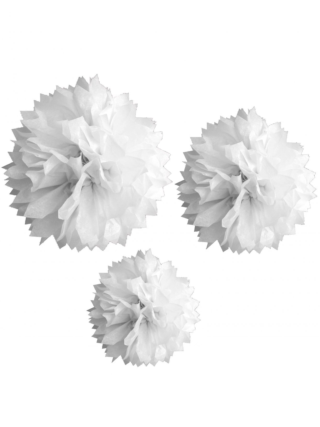 3 fehér papír pompom 20, 30 és 40 cm