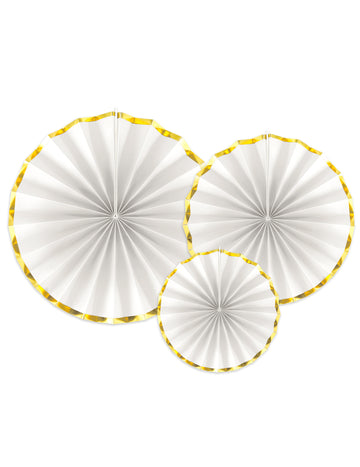 3 fehér és arany papírrozetta, 40, 32 és 23 cm dekorációhoz