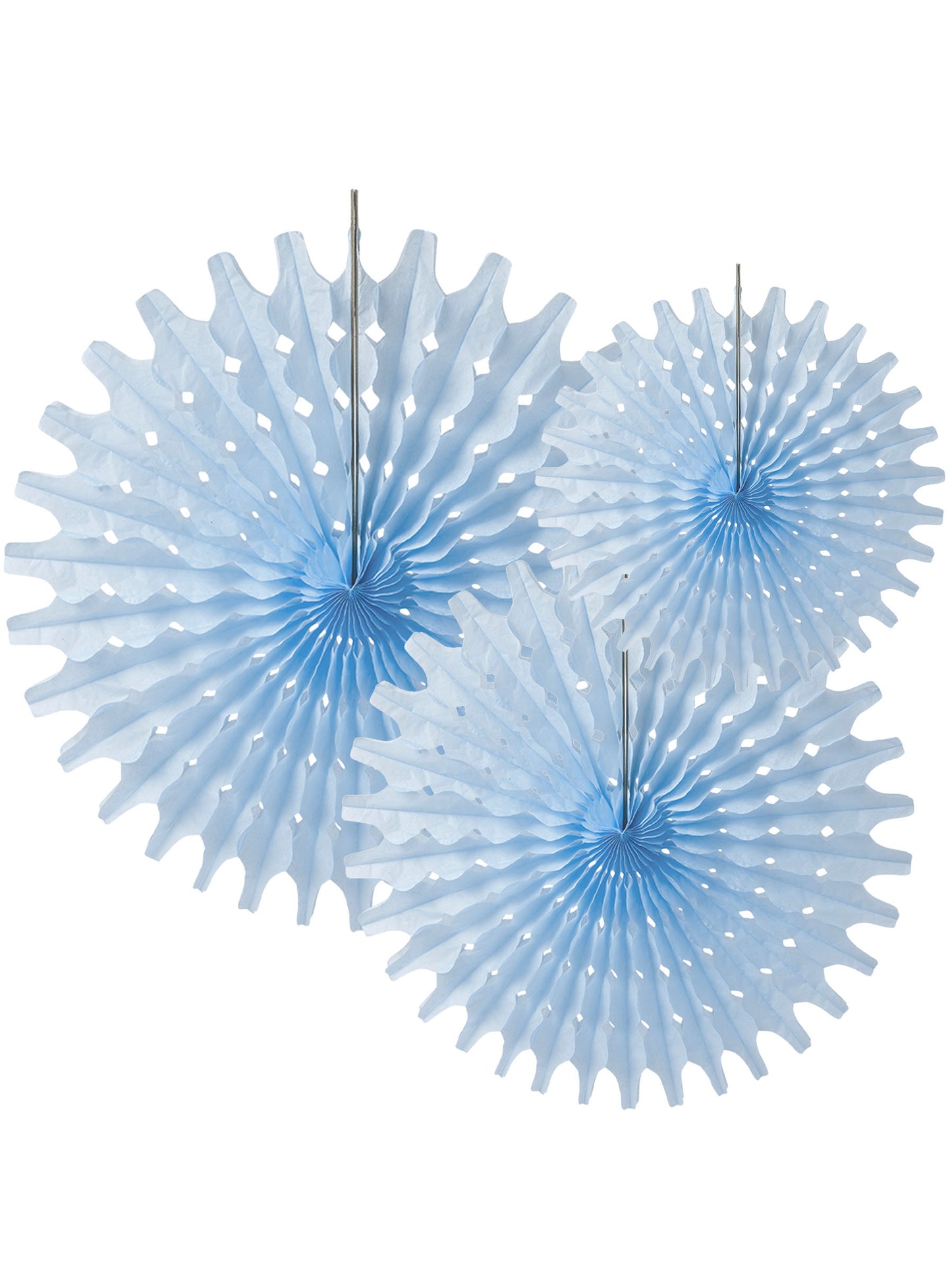 3 rozetta az égkék 20., 25. és 30 cm -es papírban