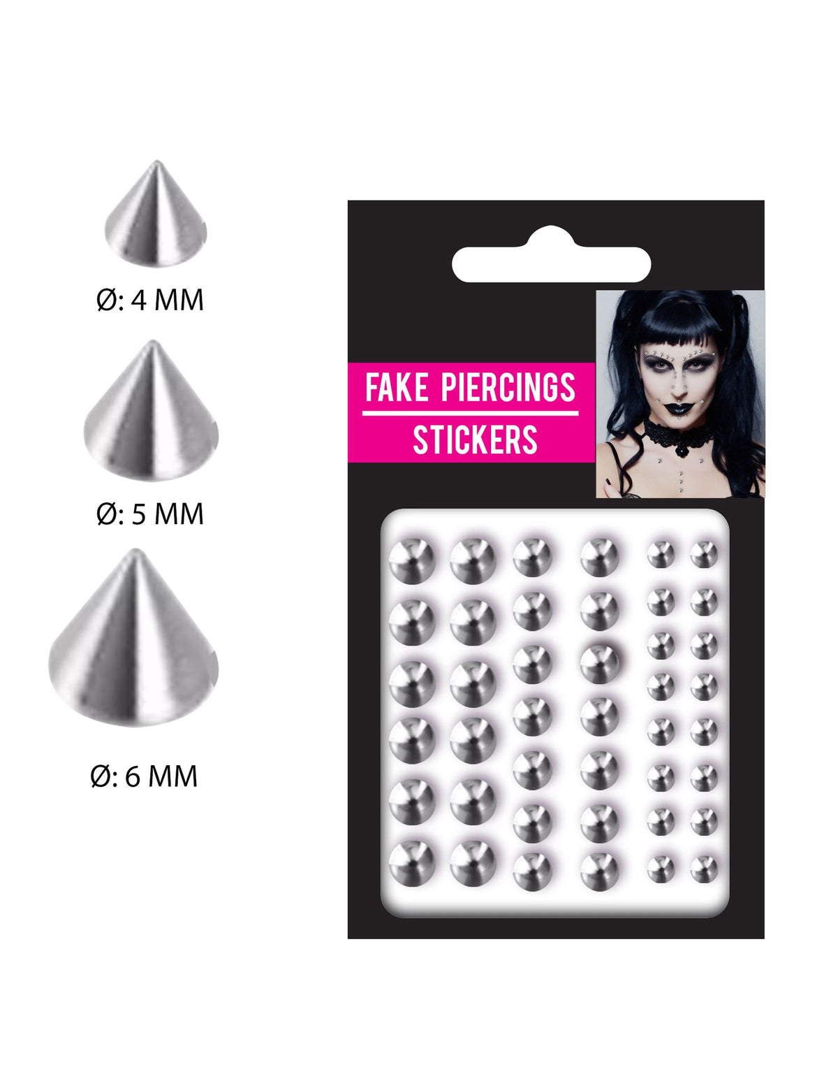 Détail des dimensions et du packaging des faux piercings pointus adhésifs pour adulte argentés par 30