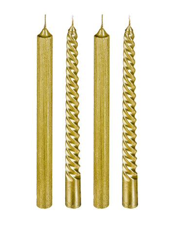 4 arany és csillogó gyertya 25 cm sodrott