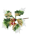 Branches de houx sur tige de Noël avec paillettes or et baies rouges