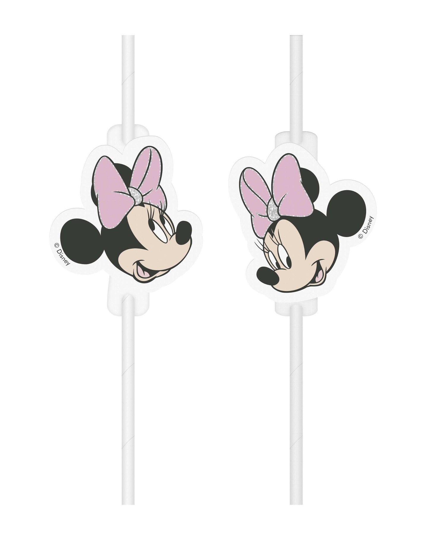 Pailles médaillon en carton visage Minnie pour enfant rose et blanc