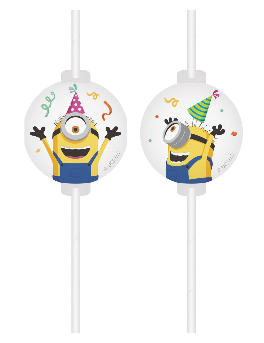 Pailles médaillon Minions pour enfant blanches et jaunes avec chapeaux de fête