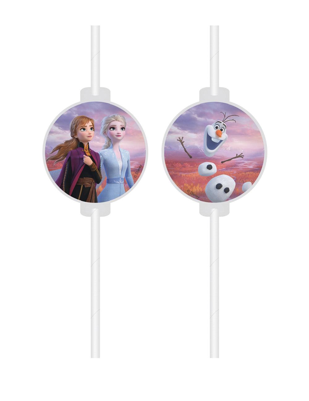 Pailles médaillons en carton La Reine des Neiges 2 blanches avec Anna Elsa et Olaf