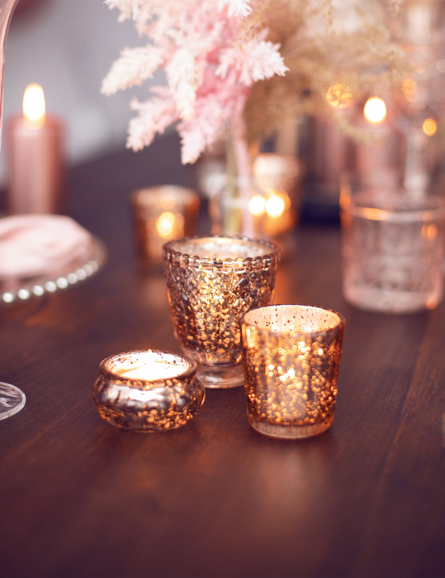 4 rozéarany üveg gyertyatartó 8 cm esküvői dekoráció