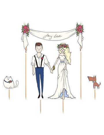 Pics à gâteaux mariés bohème pour mariage vintage avec animaux et banderole