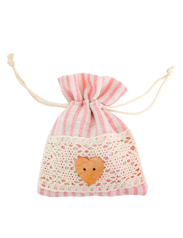 4 pasztellrózsaszín csíkos és csipkés tasak 8 x 10 cm egy fából készült szívvel