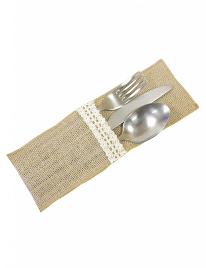 4 db juta és fehér csipke hatású evőeszköztartó, 8,5 x 24,5 cm cm
