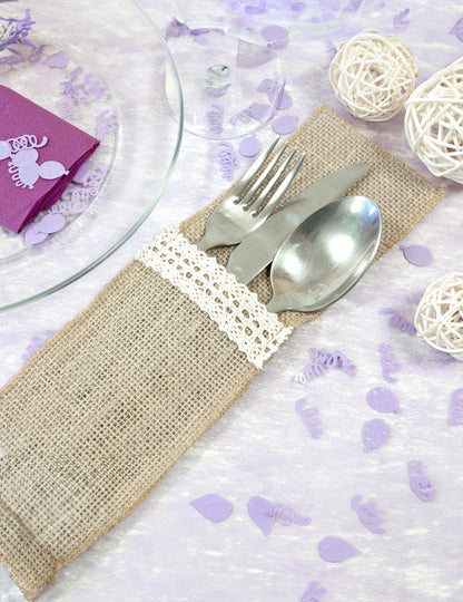4 db juta és fehér csipke hatású evőeszköztartó, 8,5 x 24,5 cm cm