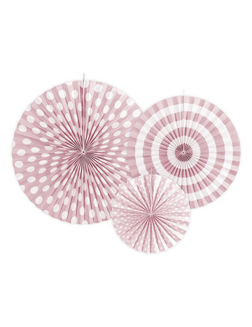 4 világos rózsaszín papír rozetták 23, 32 és 40 cm pöttyökkel és csíkokkal 