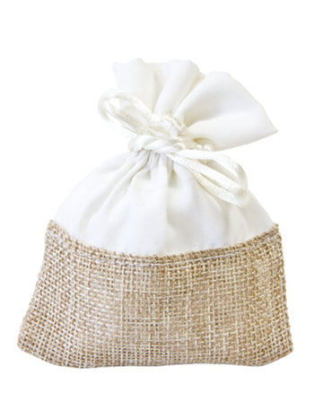 Sachets en toile et tissu pour dragées blanc et naturel avec cordon