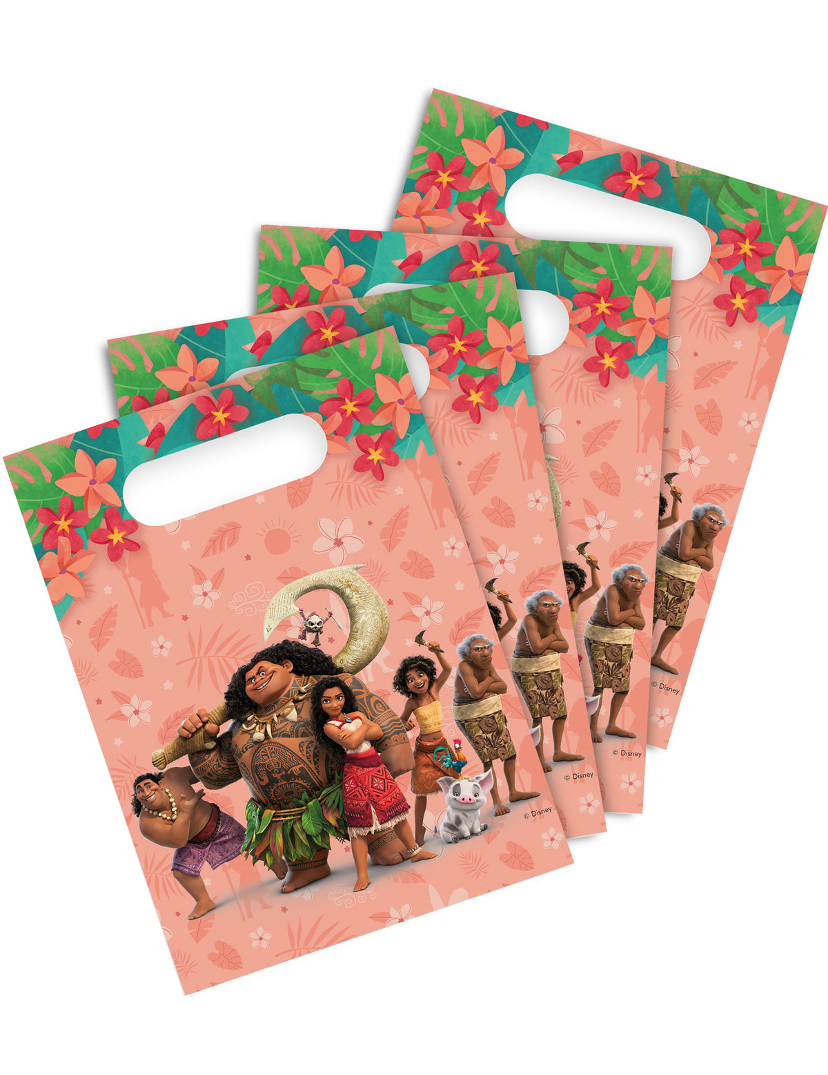 Sacs cadeaux Vaiana 2 pour enfant rose avec fleurs tropicales et personnages