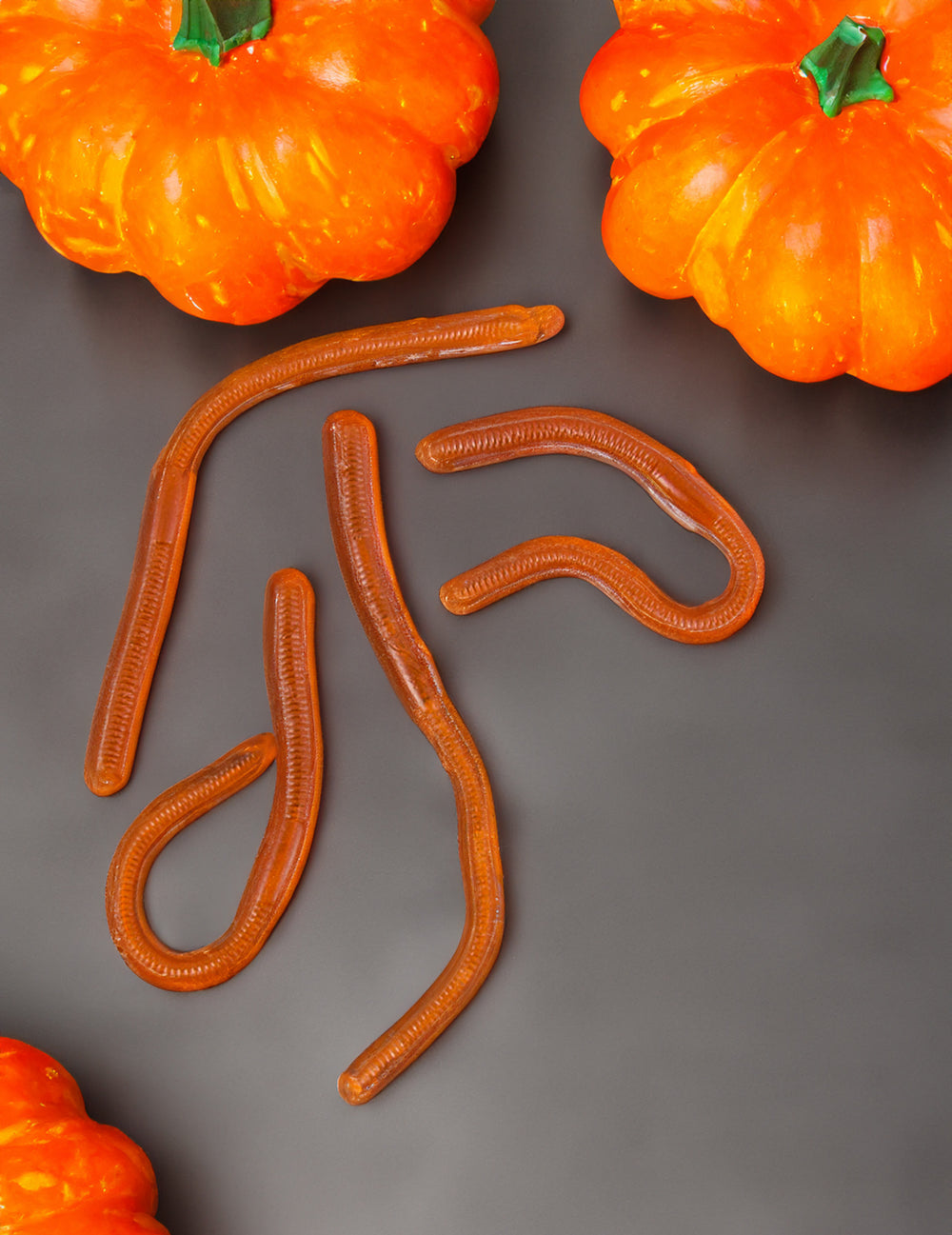 Mise en scène avec citrouilles des 4 vers de terre gluants pour farce et attrape