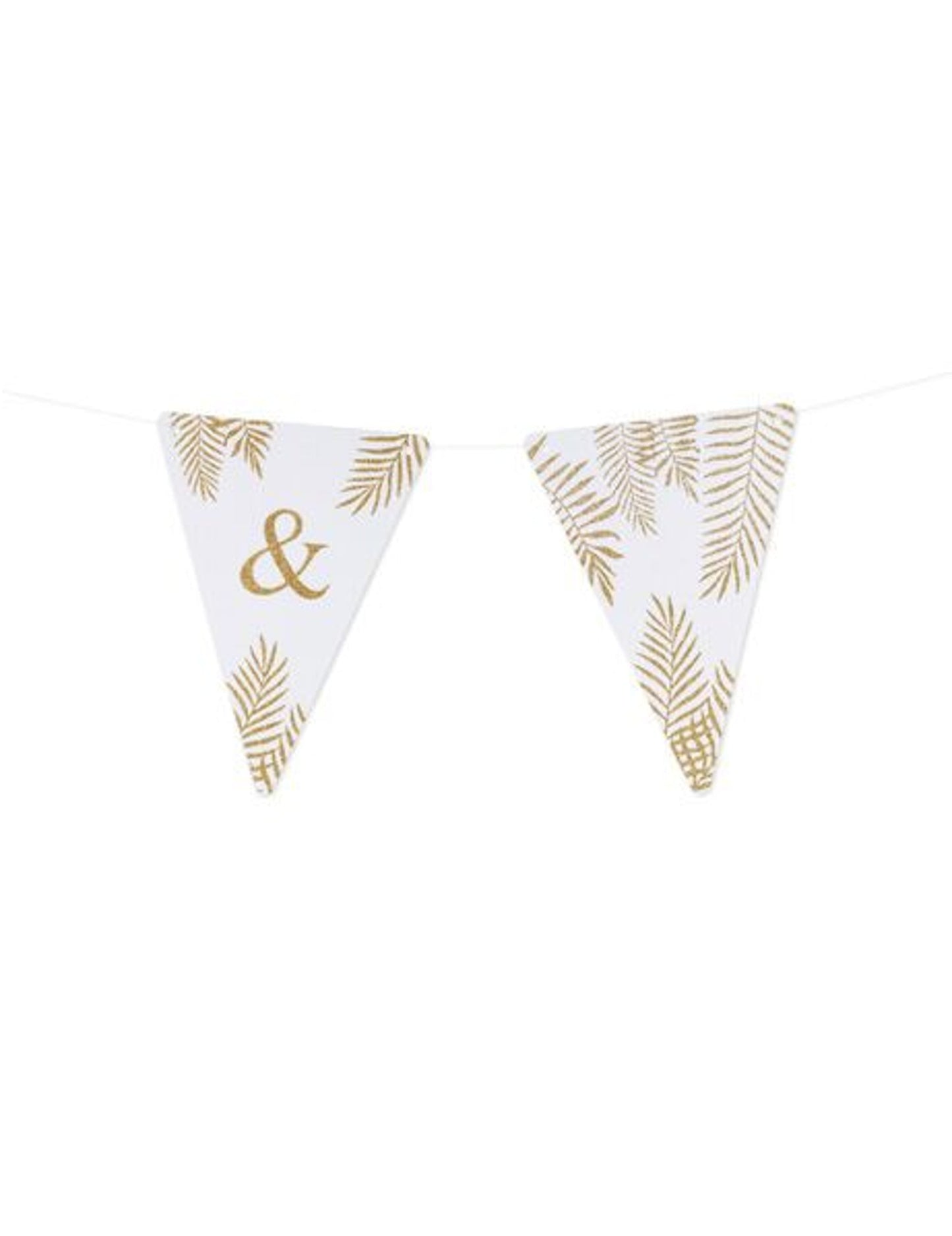 Détail du symbole esperluette et des motifs des fanions lettres thème fougères blanc et paillettes dorées