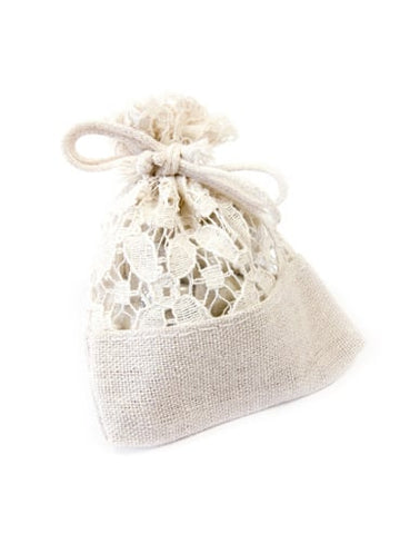 5 zsák lenvászonból és csipkéből 8 x 10 cm cukrozott mandulához 