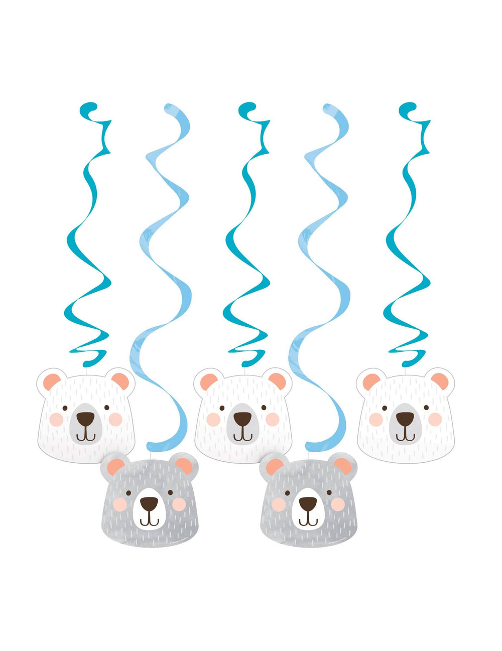 Karton függők kis medvék spirálokkal baby showerhez kék és fehér