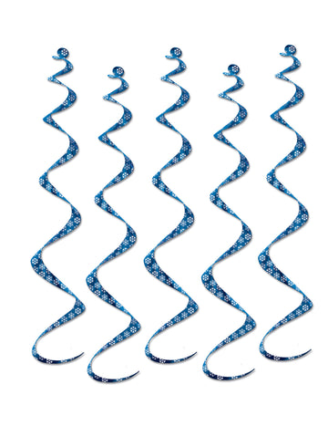 5 spirális függő dekoráció kék és fehér hópelyhekből 60 cm karácsonyra