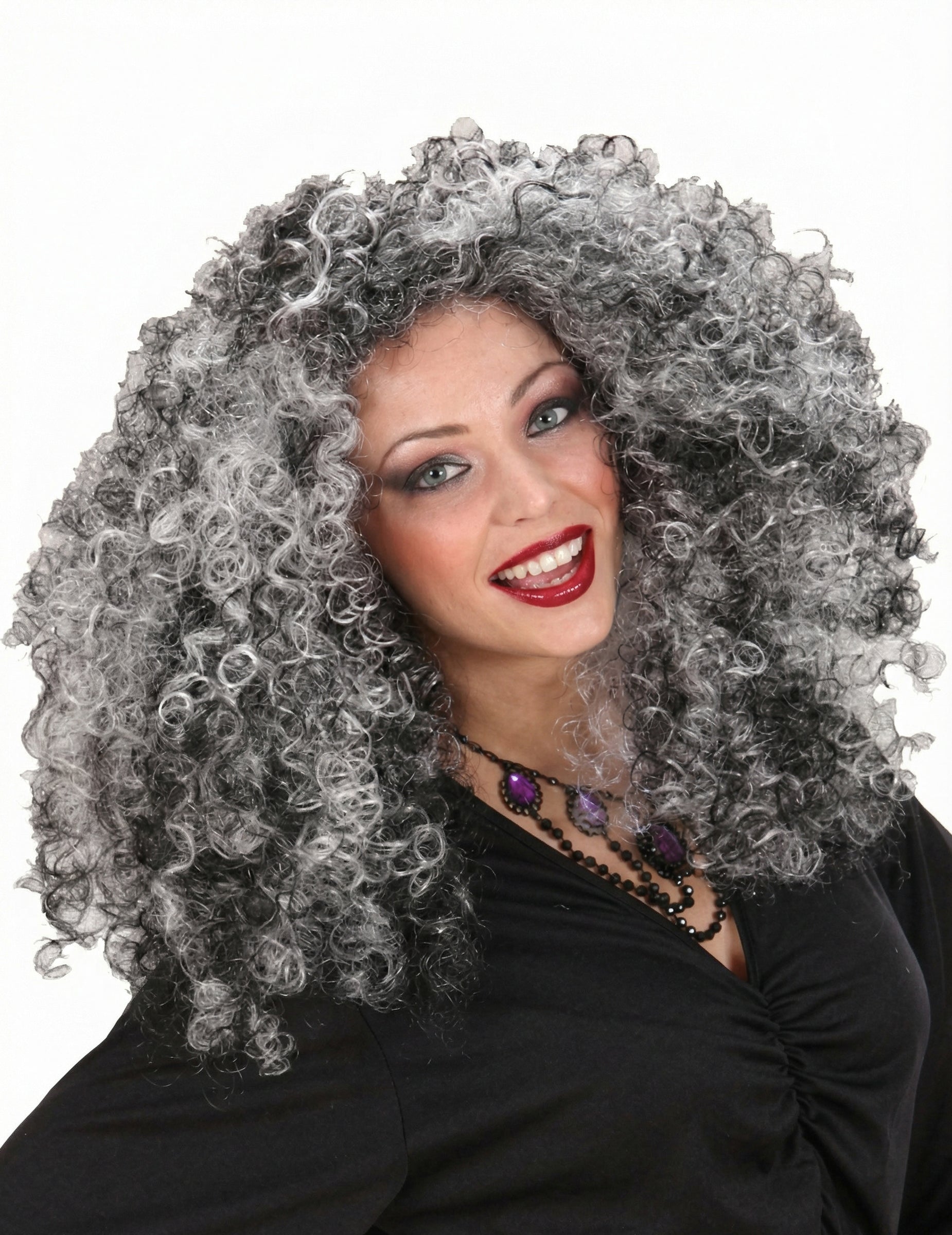 Perruque de sorcière pour femme noire et grise volumineuse