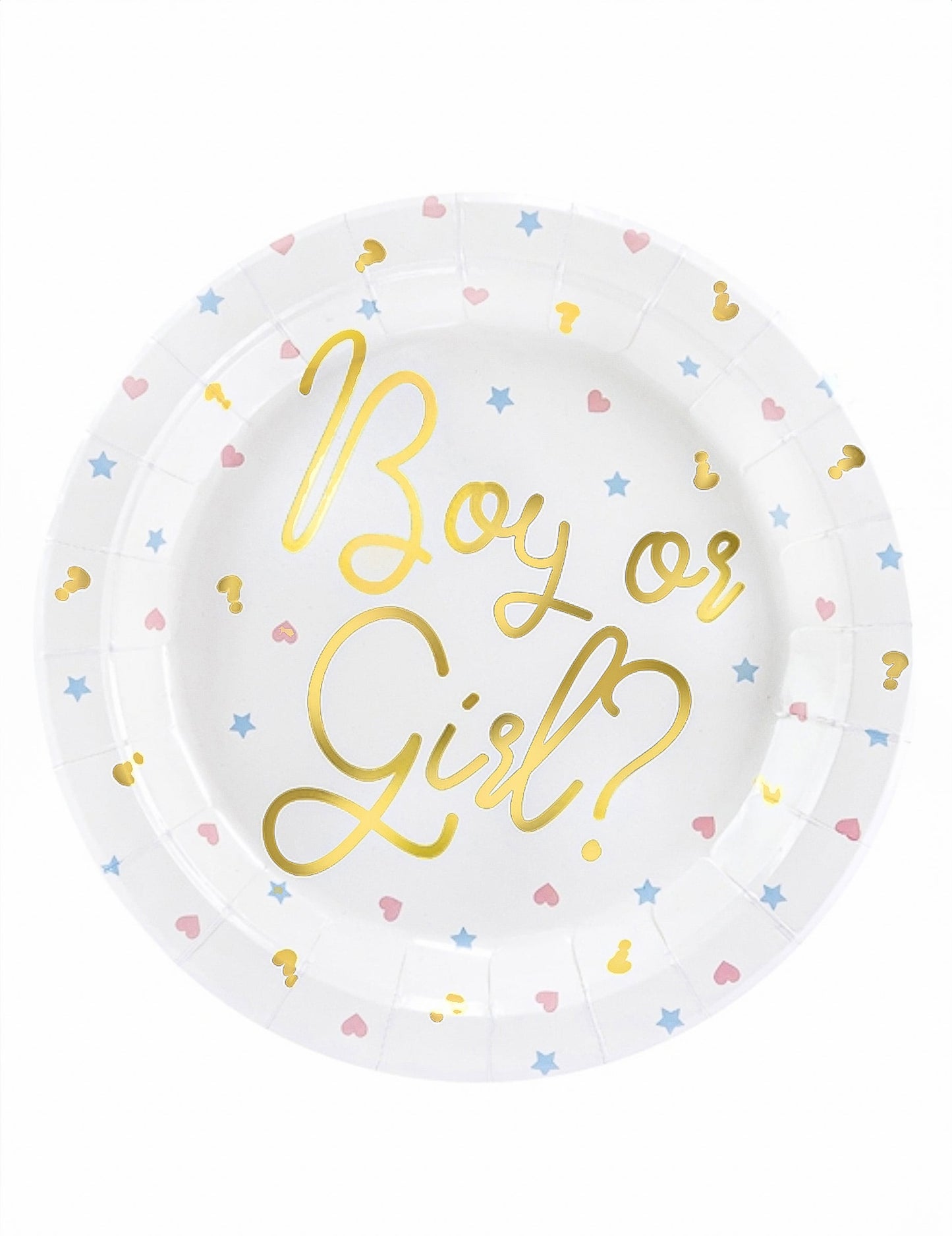 Assiettes en carton Boy or Girl pour baby shower blanches avec lettrage doré