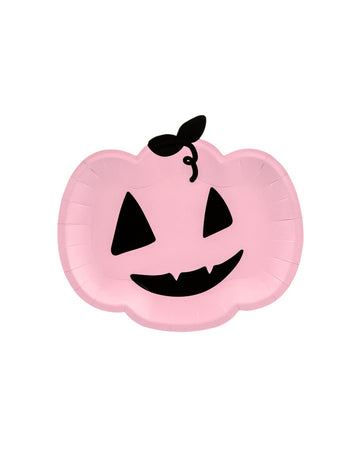 6 db rózsaszín és fekete tök alakú kartontányér, 25 x 22 cm cm mosolygós Halloween